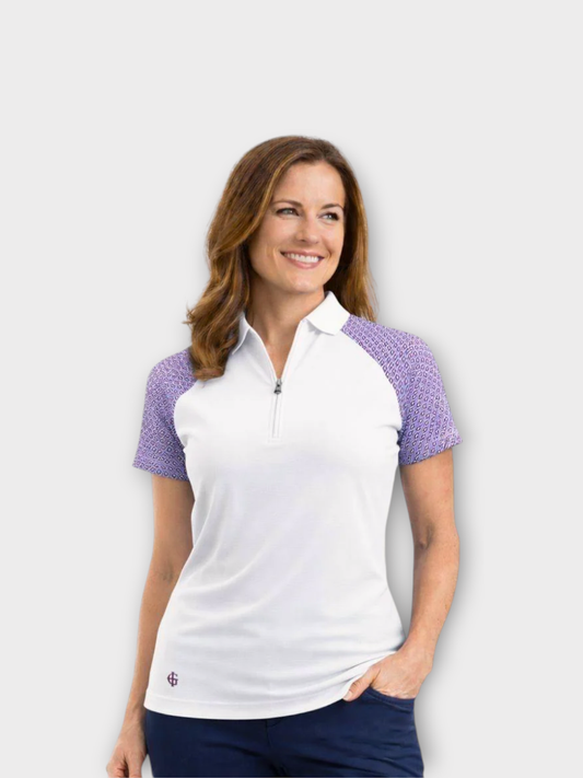 Island Green Short Sleeved Polo - White with Raspberry Geo