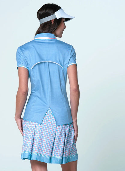Lucky in Love Notched Collar Short Sleeved Top - Linen Play Periwinkle