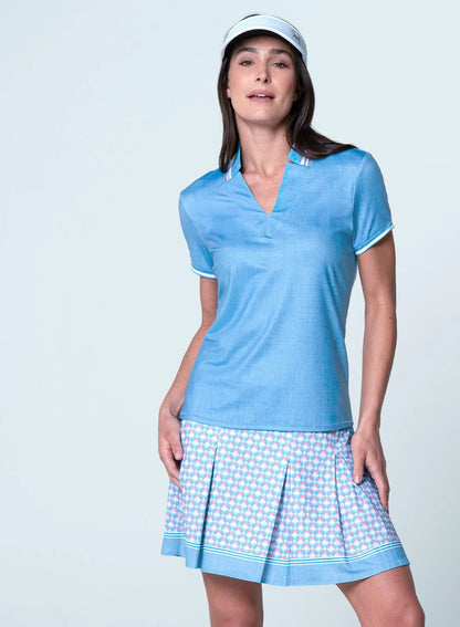 Lucky in Love Notched Collar Short Sleeved Top - Linen Play Periwinkle