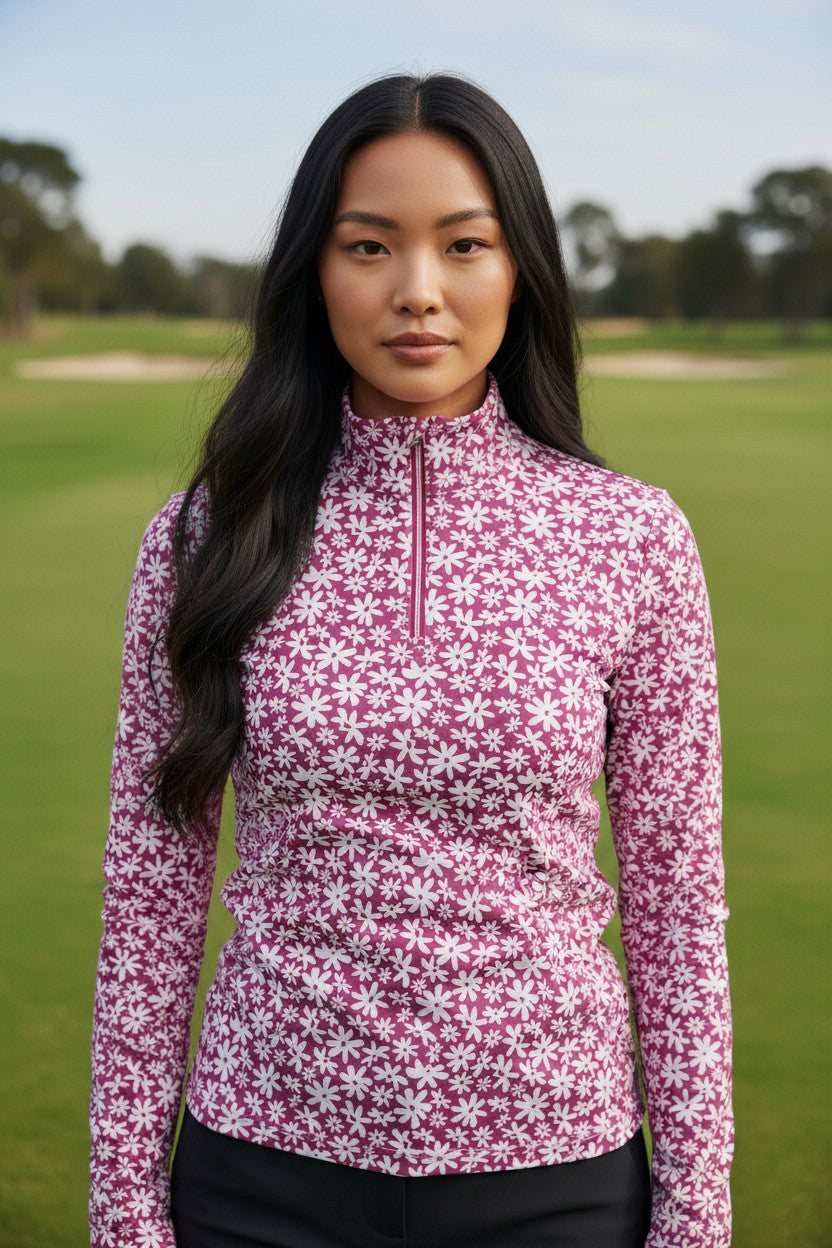 JRB 1/4 Zipped Mid Layer - Fuchsia Ditsy Flowers