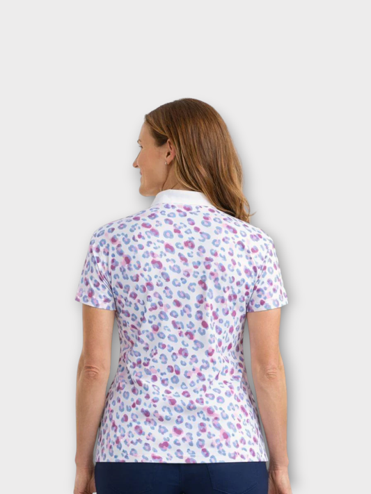 Island Green Short Sleeved Polo - White with Leopard Print